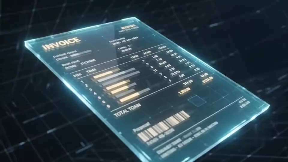 A glowing invoice document rendered as an illuminated glass panel