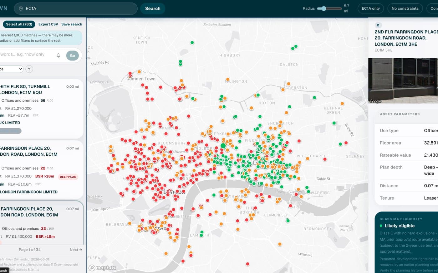The Rezown platform: a London property map with a scored asset detail panel